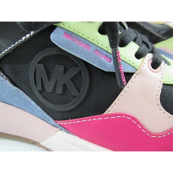 Michael Kors Theo Trainer Lace Up Sneakers Mk Logo Black Leather - Picture 6 of 11